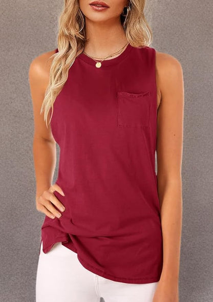 Women's High Neck Tank Top Sleeveless Blouse Plain T Shirts Pocket Cami Summer Tops