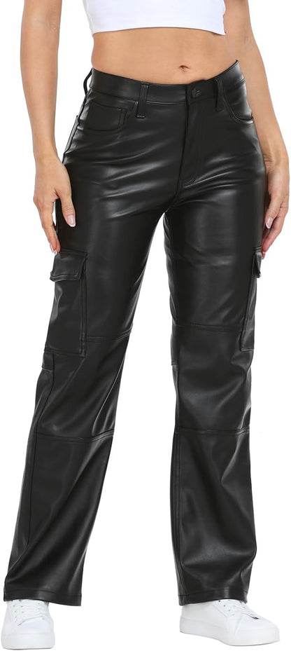 NIMIN Women's Faux Leather Cargo Pants with Pockets High Waisted Y2K Relaxed Pant