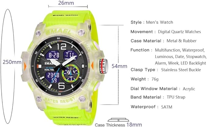 Gosasa Men's Large Face Outdoor Sports Watches Military S-Shock Watch Waterproof, Backlight, Alarm, Stopwatch Features - Rugged Wristwatch for Training, Hiking, and Adventure