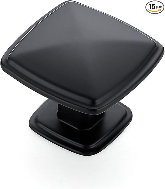 Ravinte 15 Pack Matte Black Kitchen Cabinet Square Knob Single Hole Cabinet Hardware for Dresser Drawer Pulls and Knobs