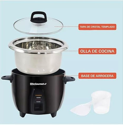 Elite Gourmet ERC2010B Electric Rice Cooker with Stainless Steel Inner Pot Makes Soups, Stews, Porridge's, Grains and Cereals, 10 cups cooked (5 Cups uncooked), Black