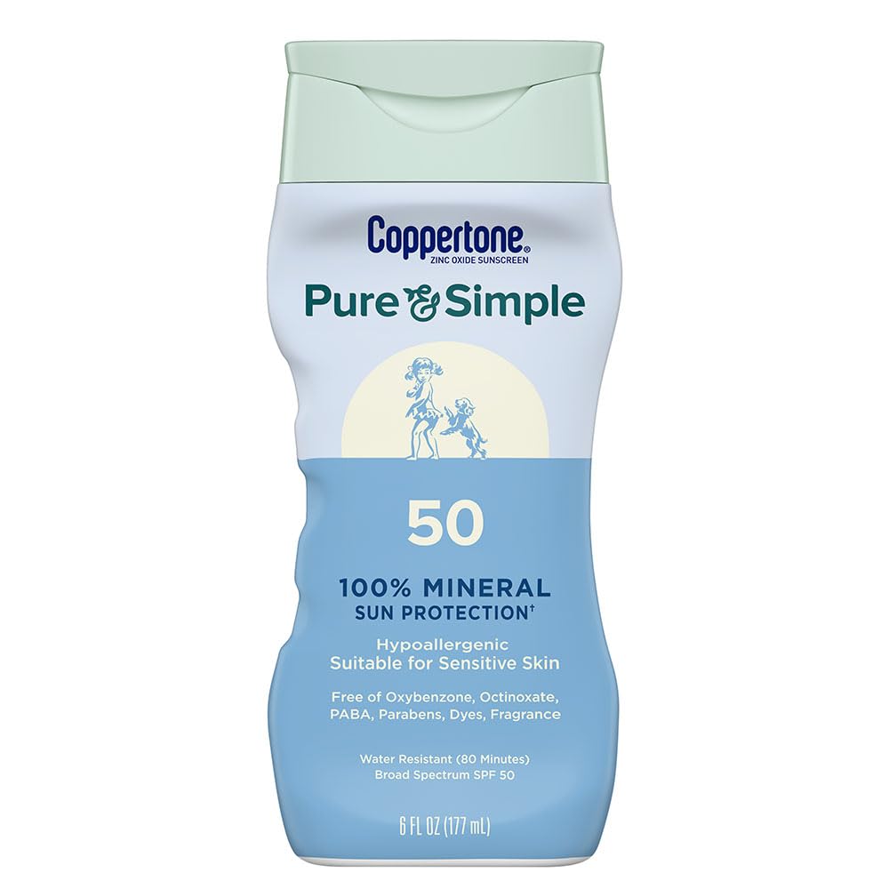 Coppertone Pure and Simple Sunscreen Lotion, SPF 50 Broad Spectrum Sunscreen with Zinc Oxide, 6 Oz