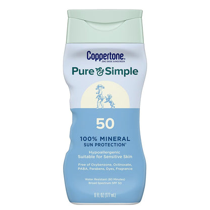Coppertone Pure and Simple Sunscreen Lotion, SPF 50 Broad Spectrum Sunscreen with Zinc Oxide, 6 Oz