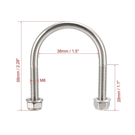 uxcell u-Bolts 4Pcs 1.5"(38mm) Inner Width 58mm Length M6 304 Stainless Steel Round U Bolt with Nuts Washers for Boat Trailer Axle