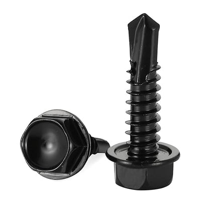 10 x 1 Hex Washer Head Self Tapping Drilling Screws Black Finish, 410 Stainless Steel, 100 PCS