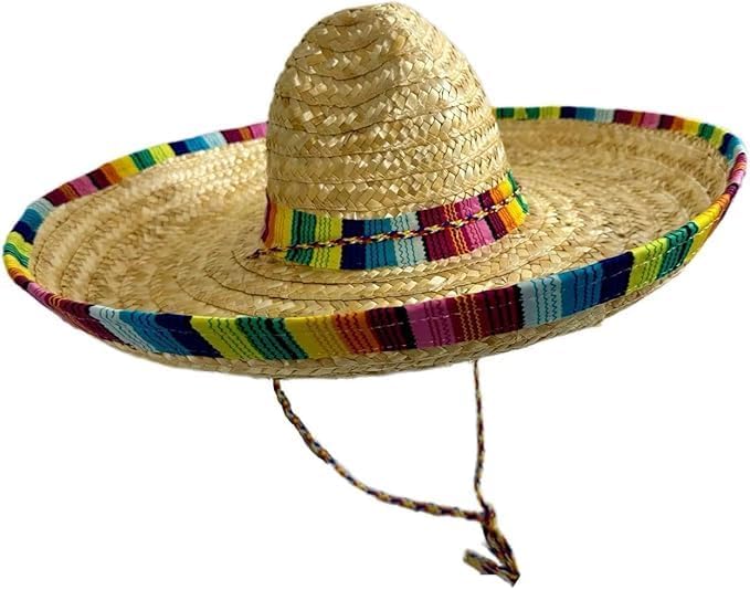 Straw Sombrero Hat 19" Wide, Adult Unisex Mexican-Style Fiesta Hat with Serape Band & Adjustable Chin Strap for Cinco de Mayo, Halloween & Party Costumes
