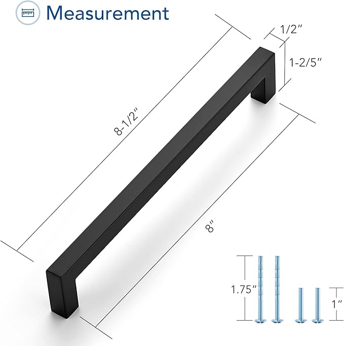 Ravinte 1 Pack Black Cabinet Pulls 8 Inch Square Cabinet Handles Matte Black Kitchen Hardware for Cabinet Drawer Pulls Come with Screwdriver