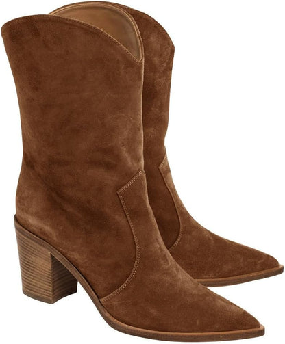 Womens Cowboy Mid Calf Boots Chunky Block Heel Pointed Toe Suede Western Cowgirl Boots