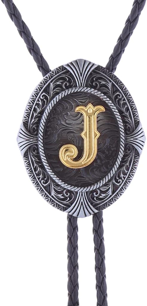 Btilasif Native American Western Cowboy Alphabet Golden Initial Letter A to Z Leather Necktie Bola Tie for Men Women