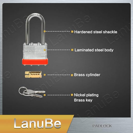 Lock Laminated keyed Padlock (1-916", 40mm), keyed Alike Locks, Long Shackle,Marked Orange Plastic Hoop, Pack of 2