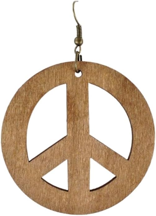 Brown Peace Sign Earrings Dangle Lightweight Wood Pendant 2.75" Long Hippie Statement Earrings Lightweight for Women Fashion Jewelry LPV0629