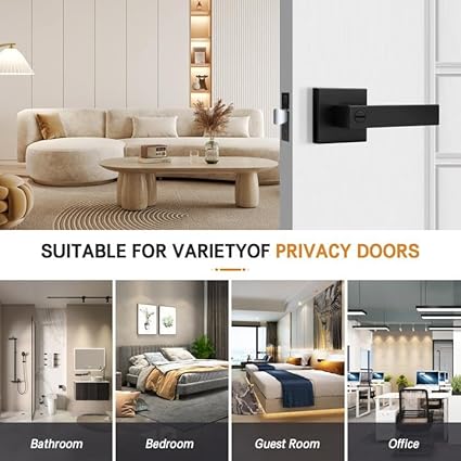 Probrico 2 Pack Square Privacy Door Levers Matte Black Bed Bath Door Handles, Keyless Interior Door Lockset Heavy Duty Leversets for Left or Right Handed Doors