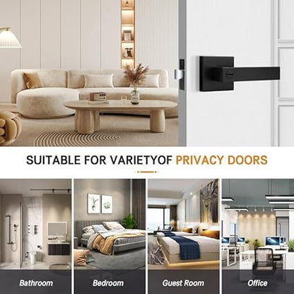Probrico 2 Pack Square Privacy Door Levers Matte Black Bed Bath Door Handles, Keyless Interior Door Lockset Heavy Duty Leversets for Left or Right Handed Doors