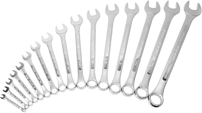 K Tool International 41016 SAE Combination Chrome Wrench Set for Garages, Repair Shops and DIY, 14" to 1-14", Chrome plated, Heat Treated, Drop Forged Steel, Raised Panel, Roll-up Pouch, 16-Piece