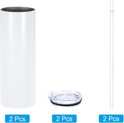 PATIKIL 20oz Sublimation Glitter Tumbler, 2 Pcs Stainless Steel Double Wall Insulated Sublimation Cups with Lid and Straw for Heat Transfer, White