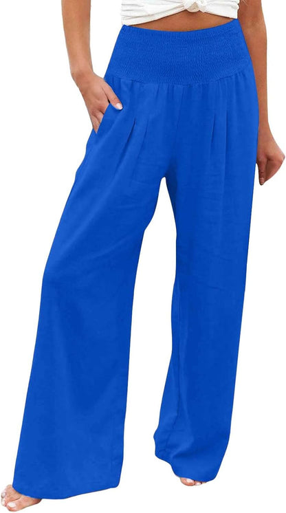 Tummy Control Women High Waisted Lounge Pants Casual Wide Leg Boho Trouser Summer Drawstring Sweatpants with Pocket