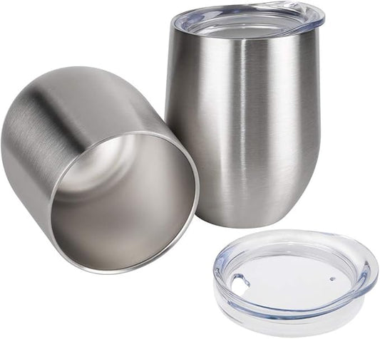 12 oz Stainless Steel Wine Tumbler Stemless Glasses with Lid, Double Wall Insulated Travel Mug Perfect for Wine, Coffee, Drinks, Champagne, Cocktails (Stainless Steel)
