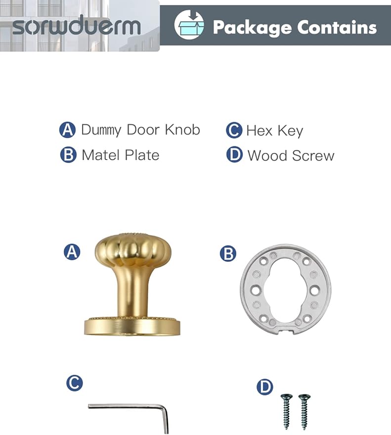 Dummy Gold Door Knobs Interior Satin Brass Dummy Door Handle Single Sided Decorative,Zinc Alloy 2 Pack