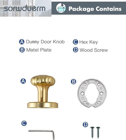 Dummy Gold Door Knobs Interior Satin Brass Dummy Door Handle Single Sided Decorative,Zinc Alloy 2 Pack