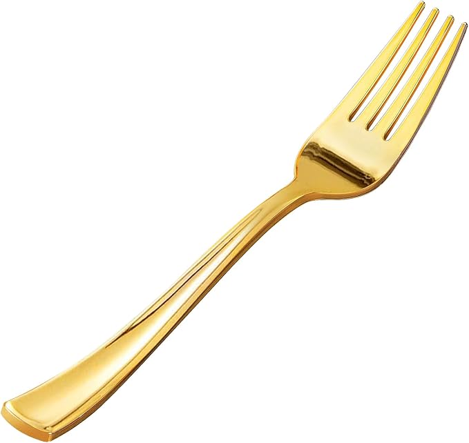 50 Pack Gold Plastic Forks, Heavy Duty Forks Disposable, Plastic Cutlery Perfect for Weddings, Parties, Dinners and Thanksgiving