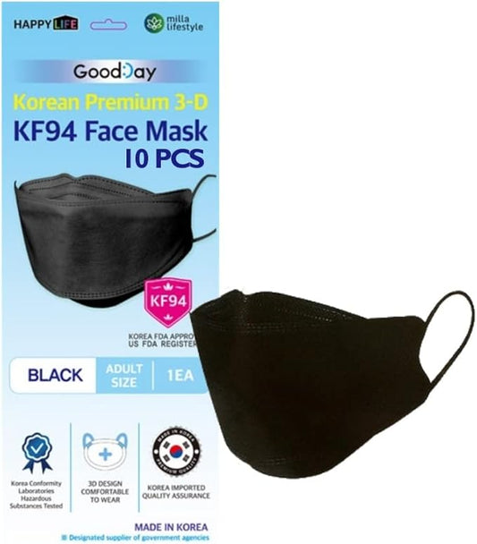 (Pack of 10) Black Disposable KF-94 Face Mask, 4-Layer Filters, Made in Korea, Nose Mouth Covering Dust Mask (individual Packed)(Black Color)