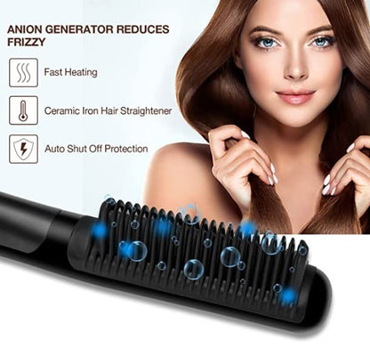 Prospera Fast Hair Straightener Brush Comb Ceramic Hair Straightener with 6 Temps, Auto-Off  Anti-Scald, PTC Heating Technology, Black