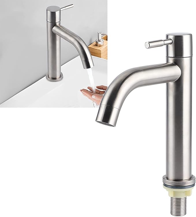 G1/2 Brushed Faucet, Stainless Steel Single Cold Faucet Wash Basin Water Tap Wrench Type Bathroom Faucet for Home Kitchen Bathroom Accessory (Cylinder Single Cold Faucet)