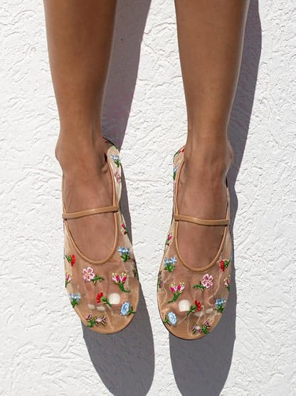 Nude Mesh Ballet Flats for Women Tulle Floral Embroidered Mary Jane Ballerina Round Toe Comfortable Daily Dress Ballet Flats Shoes with Strap