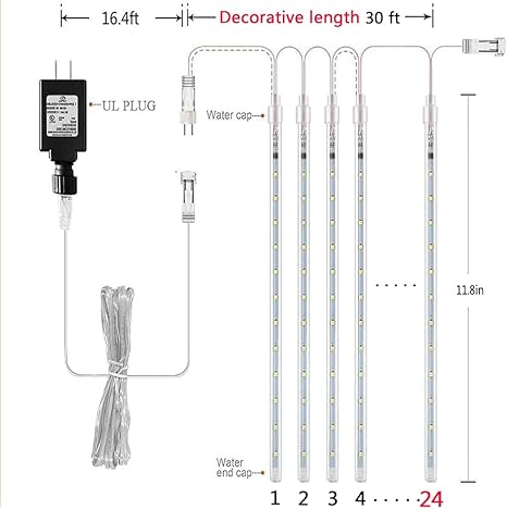 Aokudoni Christmas Lights Outdoor, 24 Tubes Meteor Shower Lights (Equivalent to 3 Sets of 8-Tubes), Waterproof Outside Christmas Decorations for Tree Window Yard Party Holiday, UL Plug, White