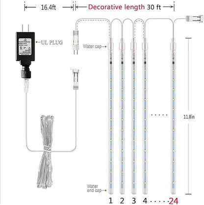 Aokudoni Christmas Lights Outdoor, 24 Tubes Meteor Shower Lights (Equivalent to 3 Sets of 8-Tubes), Waterproof Outside Christmas Decorations for Tree Window Yard Party Holiday, UL Plug, White