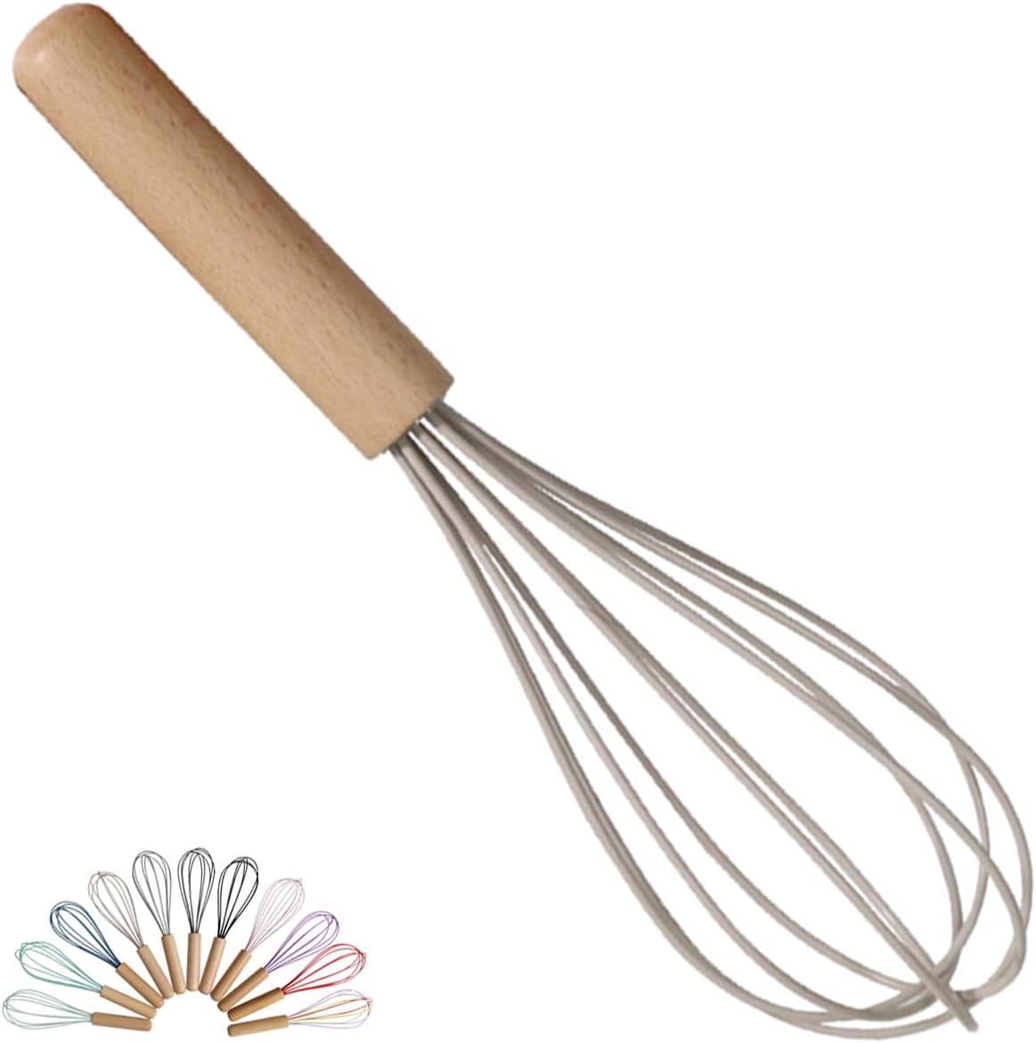 Carote 1-Piece Khaki Silicone Whisk with Wooden Handle BRIIEC 10-inch Non Stick Balloon Whisk Egg Beater for Pancake Batter, Eggs and Egg Whites, Cake Mix, Blending, Gravy and Sauces
