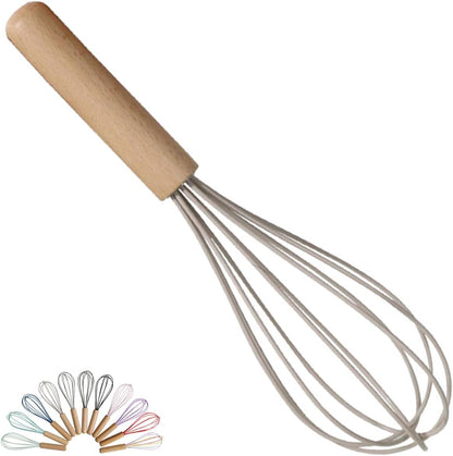 Carote 1-Piece Khaki Silicone Whisk with Wooden Handle BRIIEC 10-inch Non Stick Balloon Whisk Egg Beater for Pancake Batter, Eggs and Egg Whites, Cake Mix, Blending, Gravy and Sauces