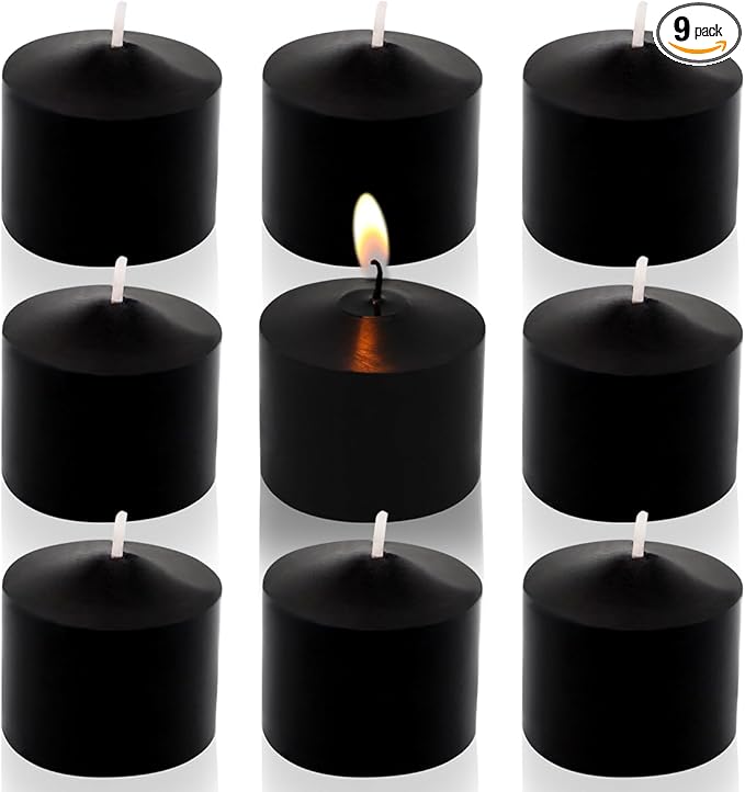 Black Votive Candles, 9 Packs of Small Unscented Votives for Halloween, Wedding, Holiday Party, Home (8 Hours), 1.5 inches deep x 1.25 inches tall