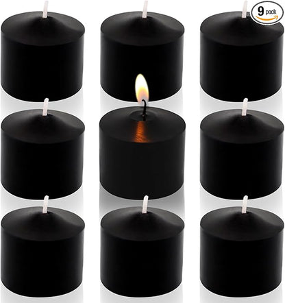 Black Votive Candles, 9 Packs of Small Unscented Votives for Halloween, Wedding, Holiday Party, Home (8 Hours), 1.5 inches deep x 1.25 inches tall
