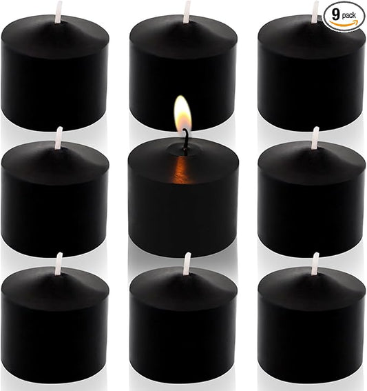 Black Votive Candles, 9 Packs of Small Unscented Votives for Halloween, Wedding, Holiday Party, Home (8 Hours), 1.5 inches deep x 1.25 inches tall