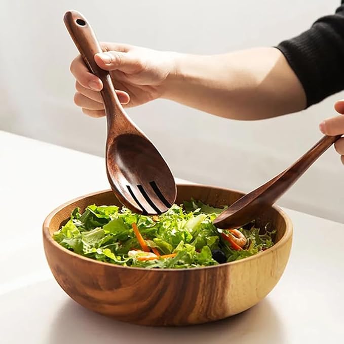 Wooden Spoon Fork Cutlery Set, Japanese Style Long Handle Serving Salad Scoop, Kitchen Utensil Large Dinnerware Set