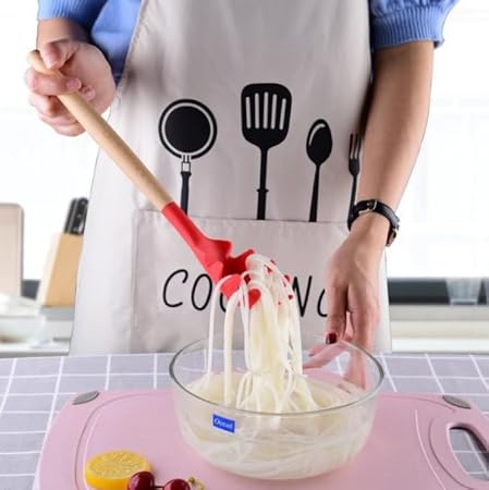 Wooden Handle Pasta Fork Spoon 12.4" Silicone Spaghetti Fork Food Grade Noodle Spoon, BPA Free, Spaghetti Spoons Strainer  Server Spoonss (Pink)