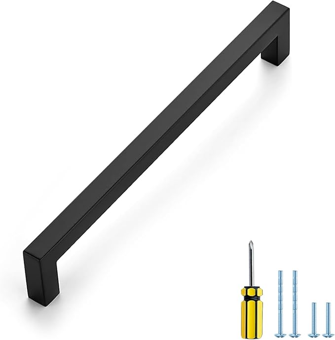 Ravinte 1 Pack Black Cabinet Pulls 8 Inch Square Cabinet Handles Matte Black Kitchen Hardware for Cabinet Drawer Pulls Come with Screwdriver