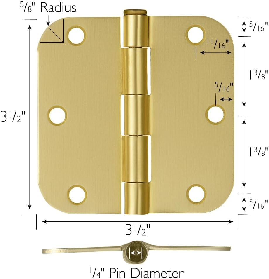 Design House 6-Pack 3.5-Inch x 3.5-Inch Interior Door Hinges with 5/8-Inch Radius, Satin Brass, Heavy Duty Steel Construction, Left- or Right-Handed – (No Screws Included)