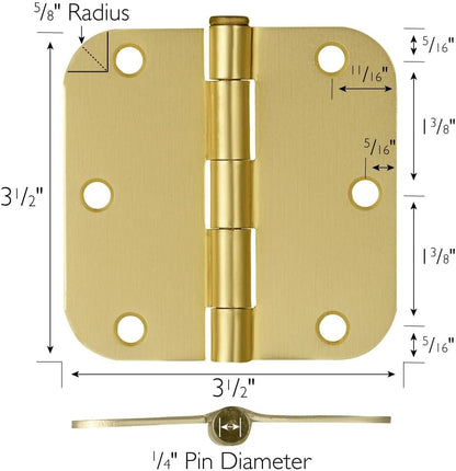 Design House 6-Pack 3.5-Inch x 3.5-Inch Interior Door Hinges with 5/8-Inch Radius, Satin Brass, Heavy Duty Steel Construction, Left- or Right-Handed – (No Screws Included)