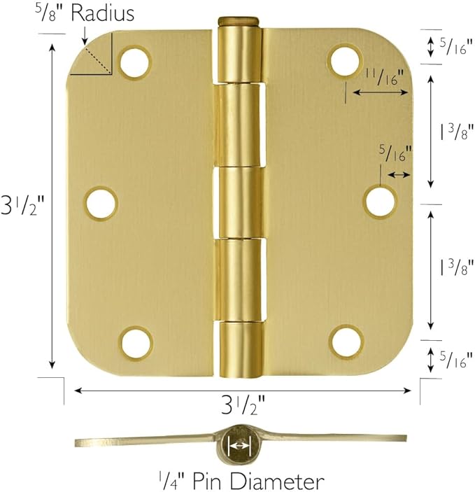 Door Hinges for Interior Doors 9-Pack 3.5-inch x 3.5-inch – Rounded 5/8-inch Radius Steel Door Hinge – Satin Brass – Fits Standard Doors – Design House 191130