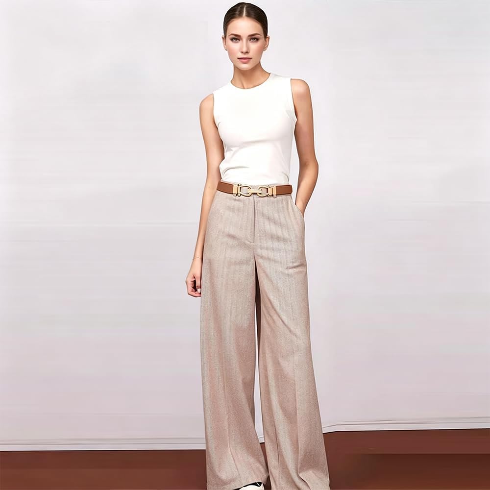 Women Stretchy Waist Belt with Gold Buckle, Retro Elastic Skinny Belt for Ladies, Adjustable and Comfortable Fit
