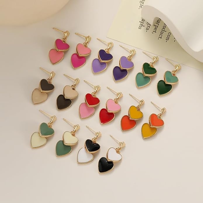 Dainty Heart Earrings for Women Multicolor Enamel Double Heart Earrings Crystal Heart Lovely Earrings Valentines Day Earrings for Gifts