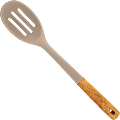 Beille 1pc Beech Wood and Slotted Silicone Cooking Spoon Kitchen Utensils Baking Supplies Home Essentials, Beige