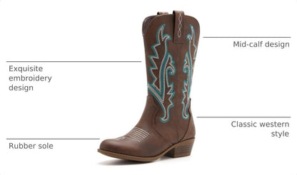 Girls Kids Western Boots Embroidered Cowgirl Cowboy Boots Girls Mid Calf Riding Shoes Little Kid/Big Kid