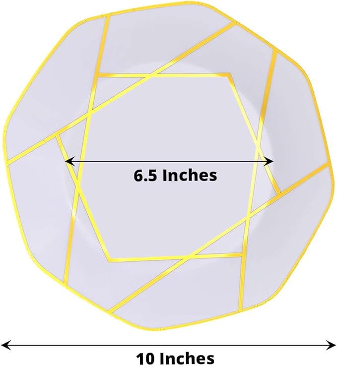 Efavormart 10 Pack | 10" White/Gold Geometric Design Plastic Dessert Plates, Disposable Octagon Salad/Appetizer Party Plates