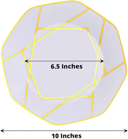 Efavormart 10 Pack | 10" White/Gold Geometric Design Plastic Dessert Plates, Disposable Octagon Salad/Appetizer Party Plates
