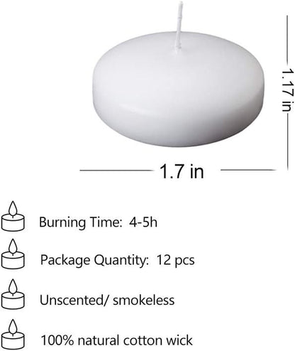 12Pcs Floating Candles for Centerpieces 4 Hours 1.7 Inch Burning White Unscented Classic Floating Candles for Weddings, Parties,Spa,House-Warming,Holiday and Home Decorations