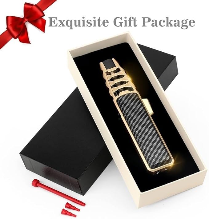 Butane Blowtorch, Outdoor Windproof Cooking Blowtorch Lighter, Refillable Adjustable Jet Flame Kitchen Butane Lighter with Safety and Fireproof Lock, Gift Box Packing(Gold)