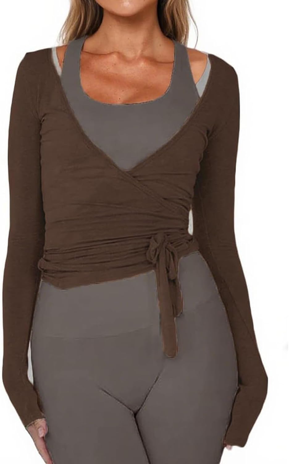 Women Wrap Tie Top Y2k Long SLeeve Ballet Workout Yoga Shirt Coquette Blouses.